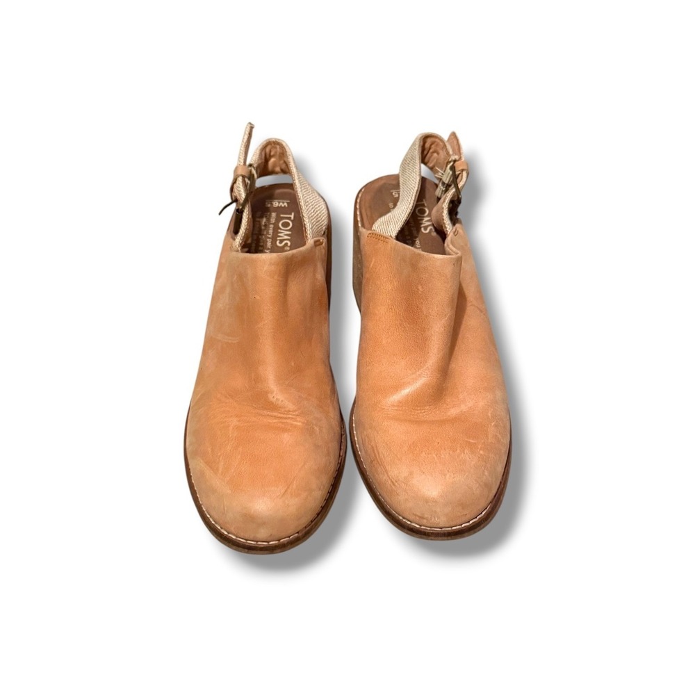TOMS Leila Slingback Mules Womens 6.5 Tan Leather Block Heel Clogs Buckle Back - Picture 2 of 14